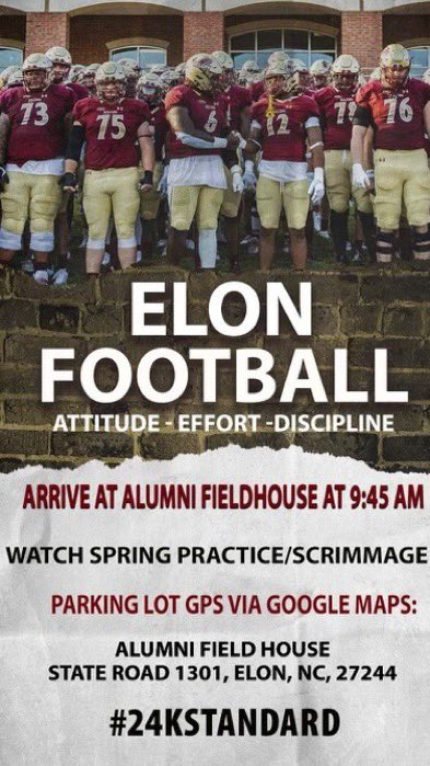 Had a great time <a href="/ElonFootball/">Elon Football</a> today,
Thanks for having me <a href="/Kjaariahdad/">James Brown</a> <a href="/HawkMgmt/">Coach Chris Hawk</a> <a href="/coachherron/">Coach Herron</a> <a href="/TDBELL29/">Diron Bell</a> <a href="/Coach___E/">Dovonte Edwards</a> @CoachSCPayne