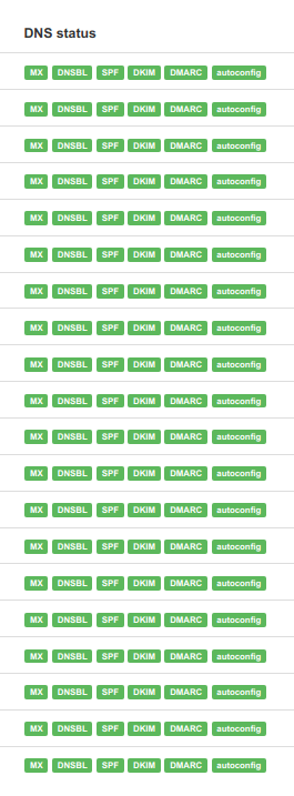 lamardebits's tweet photo. Com m'agrada quan tot està de color verd!!! 🥰 Revisada a fons de la configuració DNS, de passada, una millora: per fi els mails dels dominis de lamardebits ja no entren a SPAM a les bústies de hotmail/outlook! #modoboa #adsp https://t.co/BKAcozfwQv