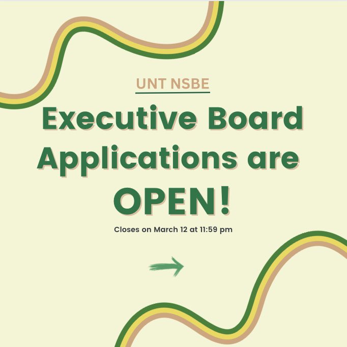 Looking to be more involved with UNT NSBE next year??
-
Apply for our Exec board!
 Applications close March 12 at 
11:59 pm so don’t be late ‼️
-
@DPLife_UNT  @UNTEngineering @untBSU