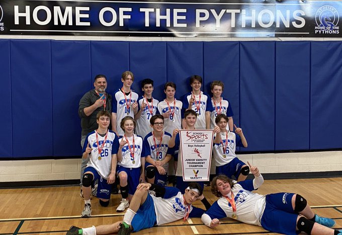 SPJH_PE's tweet photo. 🚨Tournament Update🚨 Big congratulations  to our Pythons Grade 8 Male Volleyball Team who went undefeated to win the @schoolsportsnl Junior Varsity Metro Championship! Big thanks to Mr.Bursey for coaching/convening this great tournament! Awesome job by all 6 school teams! https://t.co/IPISAIO13q