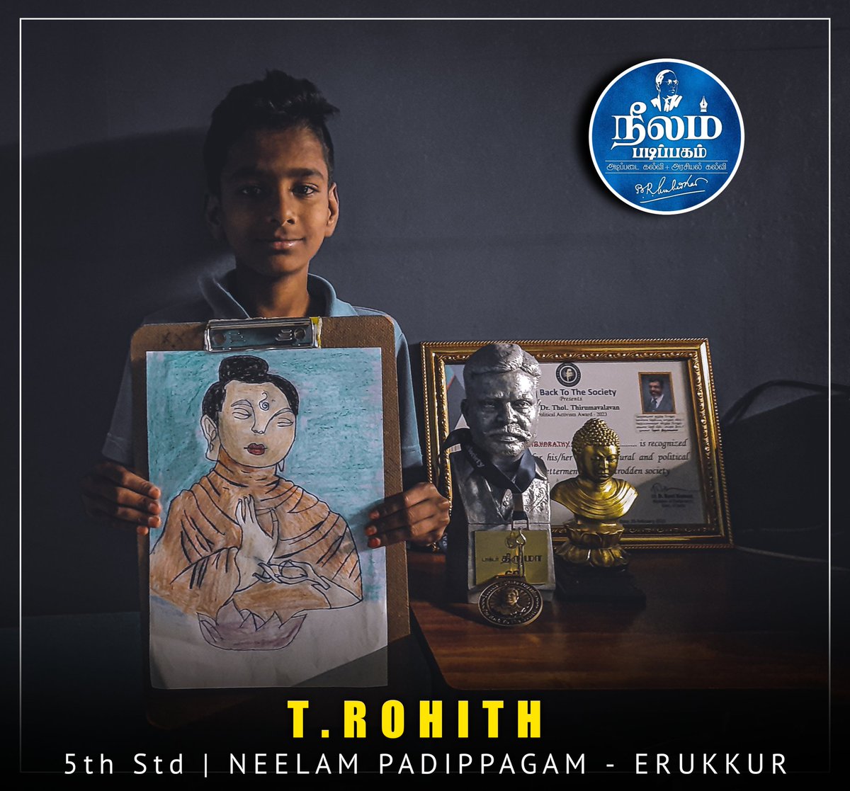 selvabharathi_s's tweet photo. BUDDHA - Drawn by our Student T.ROHITH | Class - 5
Neelam Padippagam - Erukkur📚🌟
@beemji @thirumaofficial 
#JaiBhim | #NamoBuddhaya 💙✨ https://t.co/802uijFF9d