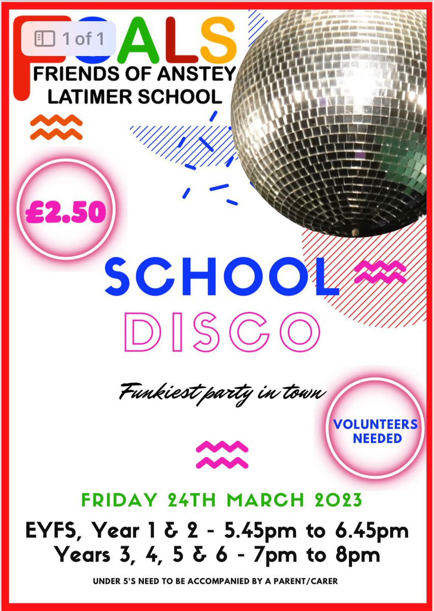 FoalsL's tweet photo. @FoalsL @latimerprimary volunteers needed- please message with your name, telephone number, and which disco/a you can help at 🪩 https://t.co/1vKm4YoVqx