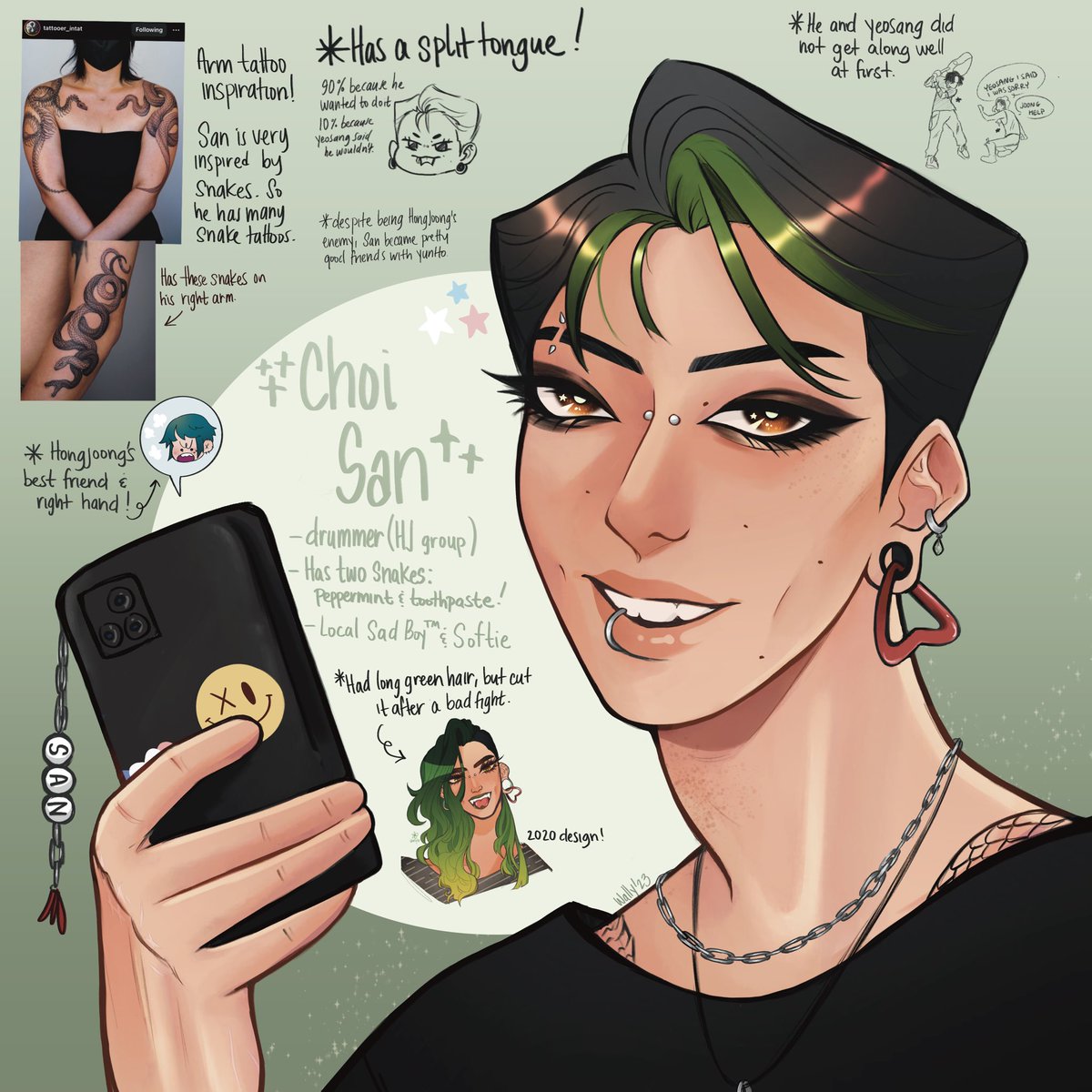 ⛰️[ROCK BAND AU]⛰️
Choi San, the drummer everyone has their eyes on, and who is always by Hongjoong's side. Loves body mod, but can't stand the thought of pain. 