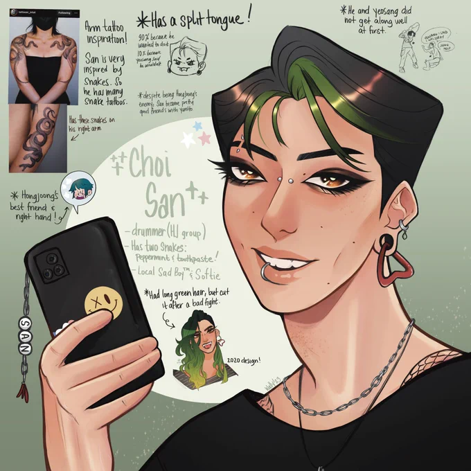 ⛰️[ROCK BAND AU]⛰️
Choi San, the drummer everyone has their eyes on, and who is always by Hongjoong's side. Loves body mod, but can't stand the thought of pain. 