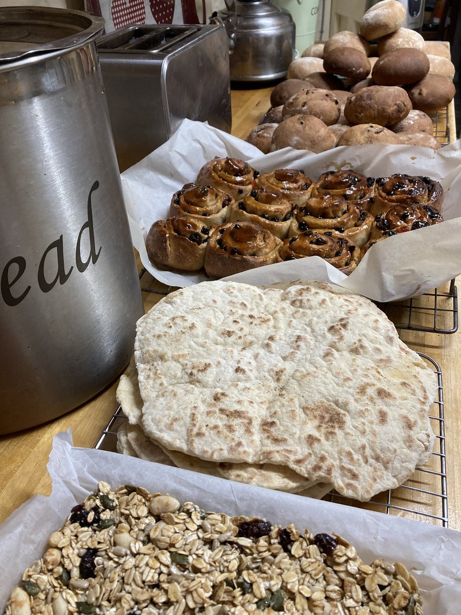 MariaLeveridge's tweet photo. When you find 4.5kg bread flour leftover from last summers #CookAndEatExeter about to go out of date 🫣 

3 bread dough in the freezer too

Good job I have been dancing around the kitchen to #LedZeppelin &amp; #JanesAddiction 

Now to the washing up 😭 https://t.co/1oEaqi67Ca