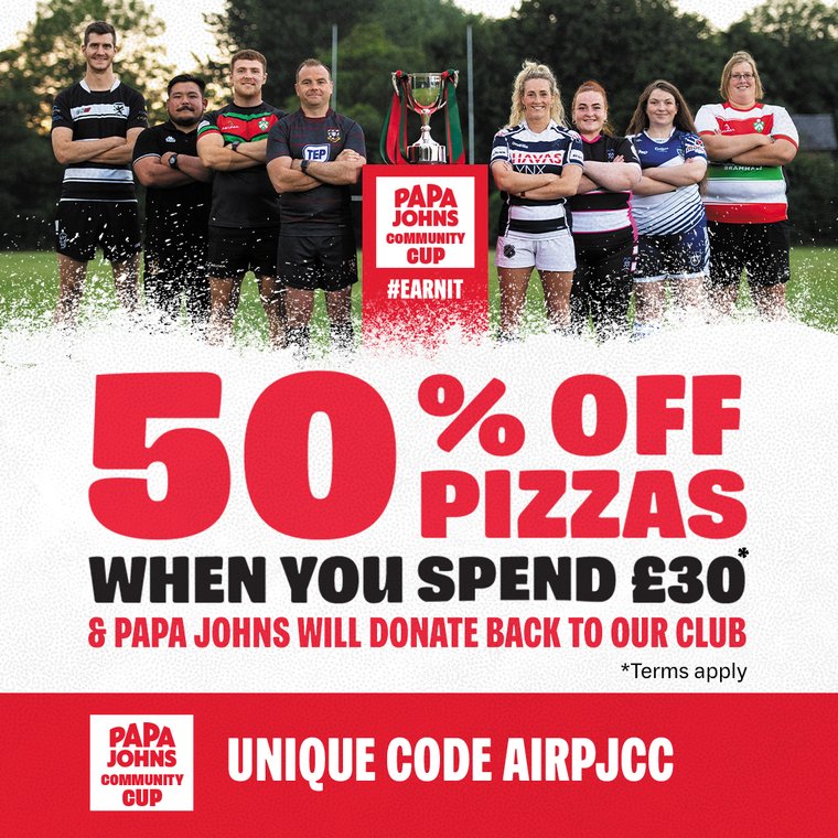 50% off Pizza? Read Here for more! #DiscountPizza #PapaJohns #AireboroughRUFC #Tastesbetter
aireboroughrugby.com/news/50-off-pi…