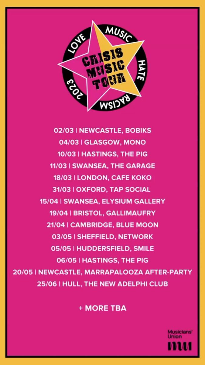 3 gigs in our region in this #LoveMusicHateRacism tour! 

03/5 <a href="/lmhr_sheffield/">LMHRSheffield</a> <a href="/Network_Sheff/">Network_Sheffield</a>
05/5 <a href="/HuddsLMHR/">LMHR Huddersfield</a> at <a href="/smilebarvenue/">Smilebarandvenue</a> 
25/6 Hull at <a href="/TheAdelphiClub/">The New Adelphi Club</a> 

#crisismusictour
<a href="/lmhrnational/">Love Music Hate Racism</a>