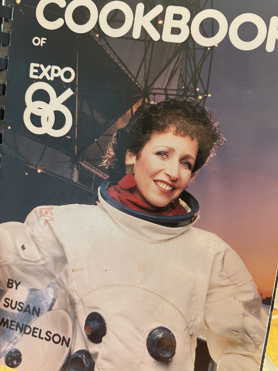 My mom was getting rid of some old cookbooks and I scored this absolute banger. Susan Mendelson in a space suit!  #expo86