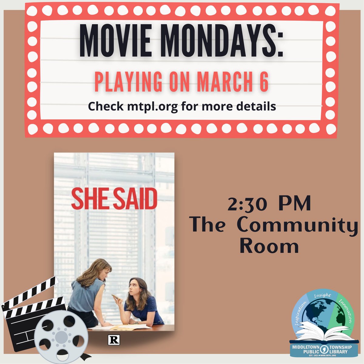 MiddletownPL's tweet photo. Join us in Community Room on Monday afternoons in March for Movie Mondays! This week, we'll be showing She Said (2022, Rated R) starring Zoe Kazan and Carey Mulligan.

#moviemondays #looktolibraries https://t.co/b2RN8odXKA