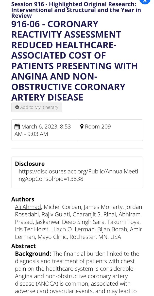 Join us Monday 3/6 @ 8:30 AM for Highlighted Original Research: Interventional and Structural - Top #ACC23 Abstracts Coronary reactivity testing for endothelial and microvascular dysfynction reduces healthcare-associated cost in #ANOCA