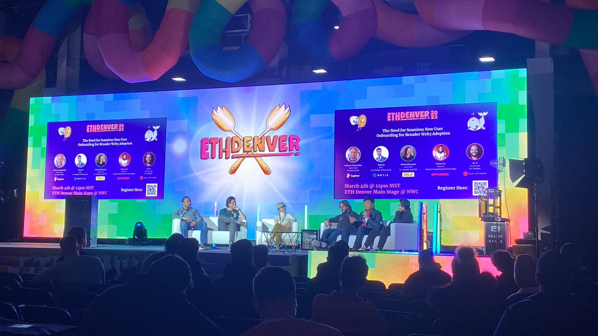 Experts from <a href="/QuaiNetwork/">Quai Network ⚡️💵</a>, <a href="/MetisDAO/">Metis</a>, @CypherWalletIO, <a href="/CeloOrg/">Celo</a>, &amp; <a href="/OPLabsPBC/">OP Labs</a> are breaking down the need for seamless Web3 new user onboarding. 

Thank you <a href="/mechanikalk/">Dr K.quai⚡💵</a>, Yuan Su, <a href="/ikuberan/">Kuberan Marimuthu (Kube)</a>, <a href="/marek_/">marek.celo.eth 🦇🌳</a>, and Vivian Wei Tao for bringing your expertise to the Genesis Stage!

#ETHDenver