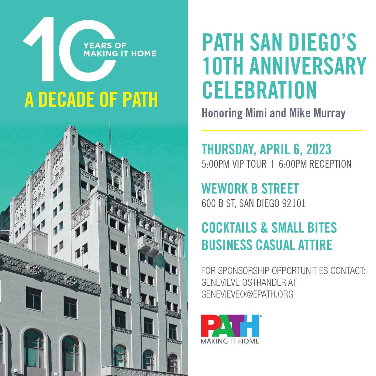 Please join me and <a href="/pathpartners/">PATH (People Assisting the Homeless)</a> San Diego for A Decade of PATH on April 6th! I’m proud to be a sponsor of this event and hope you’ll consider getting tickets today to support PATH's mission to end homelessness! 
onecau.se/_utv41