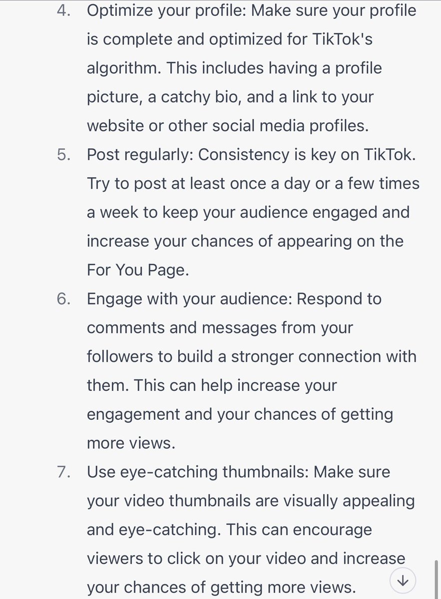 Hibaa37's tweet photo. Asked ChatGPT for tips to increase my views on TikTok. Been getting few views lately. 

Any other tips other than the ones mentioned? 

#bcm206 https://t.co/wn9yZS33kP