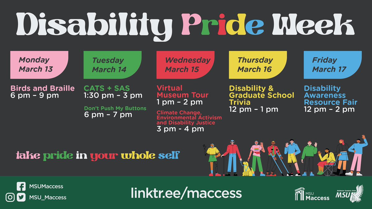 MSU_Maccess's tweet photo. Excited for Disability Pride week with Maccess! Check out our line up of events happening from March 13-17th! https://t.co/da6hEaexwe