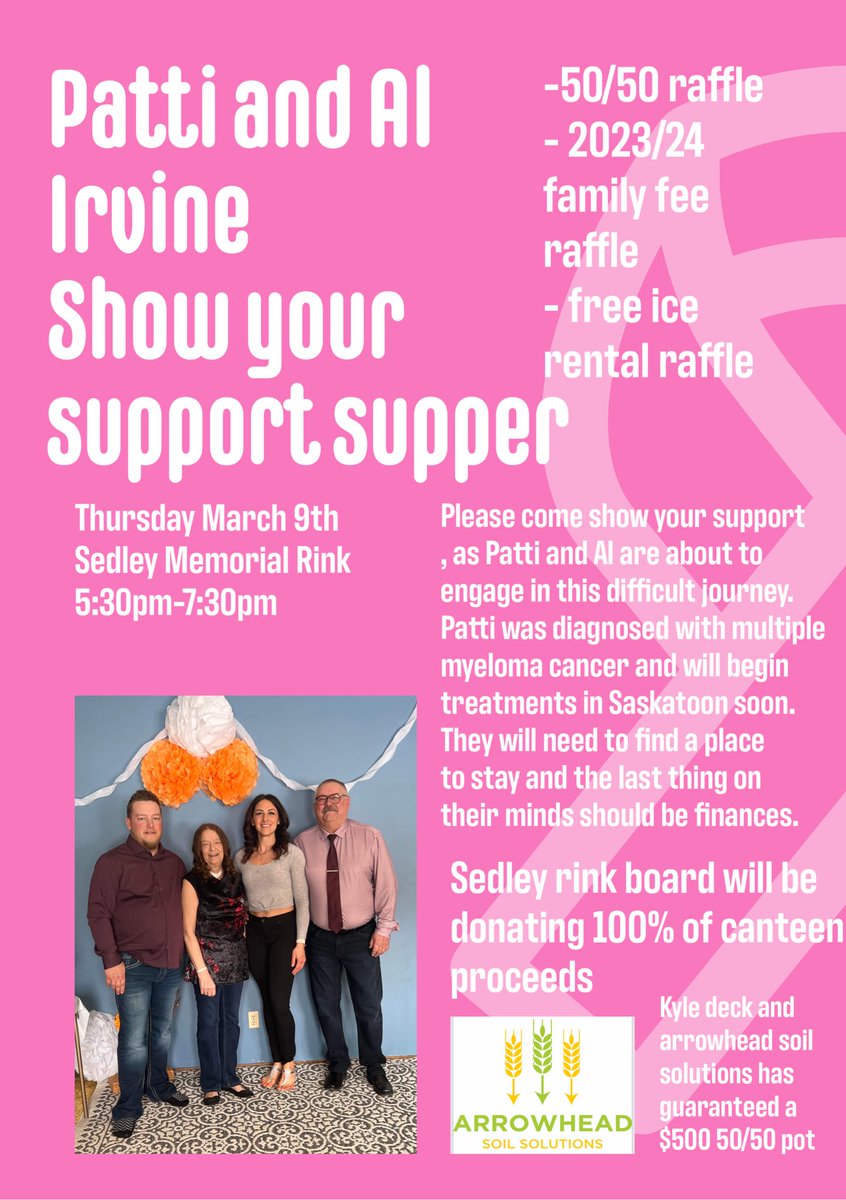 arrowhead_soil's tweet photo. @arrowhead_soil is pleased to guarantee a $500 minimum 50/50 pot on March 9th at the sedley rink to support a local family through these tough times. All the best to the Irvine family. https://t.co/nSXfQVGylo