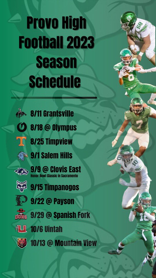 Provo Bulldog Football (@provo_football) on Twitter photo Our 2023 Schedule!! Let’s get it!! 😤😤😤 Thank you <a href="/elabela1/">Ela Asisi</a> for the edit!! <a href="/kirk67chambers/">Kirk Chambers</a> <a href="/joe_tuha/">Joe Tuha</a> <a href="/grdeucher/">Garrett Deucher</a> Our 2023 Schedule!! Let’s get it!! 😤😤😤 Thank you <a href="/elabela1/">Ela Asisi</a> for the edit!! <a href="/kirk67chambers/">Kirk Chambers</a> <a href="/joe_tuha/">Joe Tuha</a> <a href="/grdeucher/">Garrett Deucher</a>