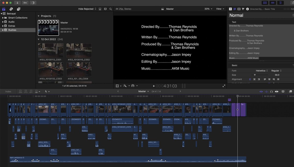 jasonimpey's tweet photo. I have an edit for Betrayal & I’m pretty happy with it after spending hours tinkering #shortfilm #editing #postproduction #finalcutpro #edittimeline #filmmaking https://t.co/Z3Is88DG0k