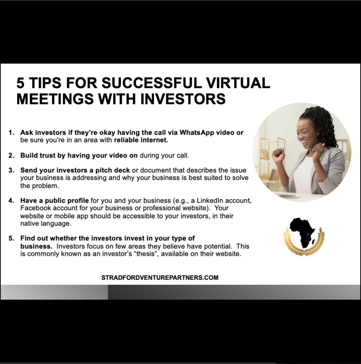 Stradford_VP's tweet photo. We want to be there to help you along your journey. Check out these helpful tips.

#entrepreneur #SVP #StradfordVenturePartners #invest #Africa #VC #privateequity #angelinvestor #investinAfrica https://t.co/1CHqBSbeEO
