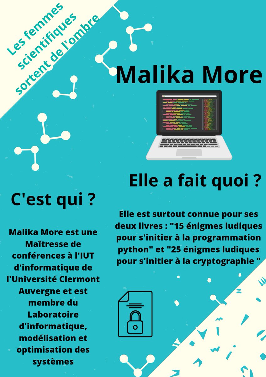 Mathalors's tweet image. Les femmes scientifiques sortent de l'ombre
Mes 4ème préparent une expo pour l'établissement pour le #8mars #semainedesmaths
Chaque élève propose un poster présentant une scientifique
@Pascalafourcade un de mes élèves présente ta collègue Malika More @limos_lab  
#planmaths