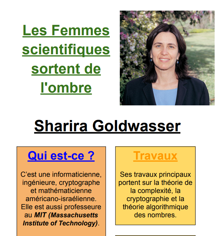 Mathalors's tweet image. Les femmes scientifiques sortent de l'ombre
Mes 4ème préparent une expo pour l'établissement pour le #8mars #semainedesmaths
Chaque élève propose un poster présentant une scientifique
@Pascalafourcade un de mes élèves présente ta collègue Malika More @limos_lab  
#planmaths