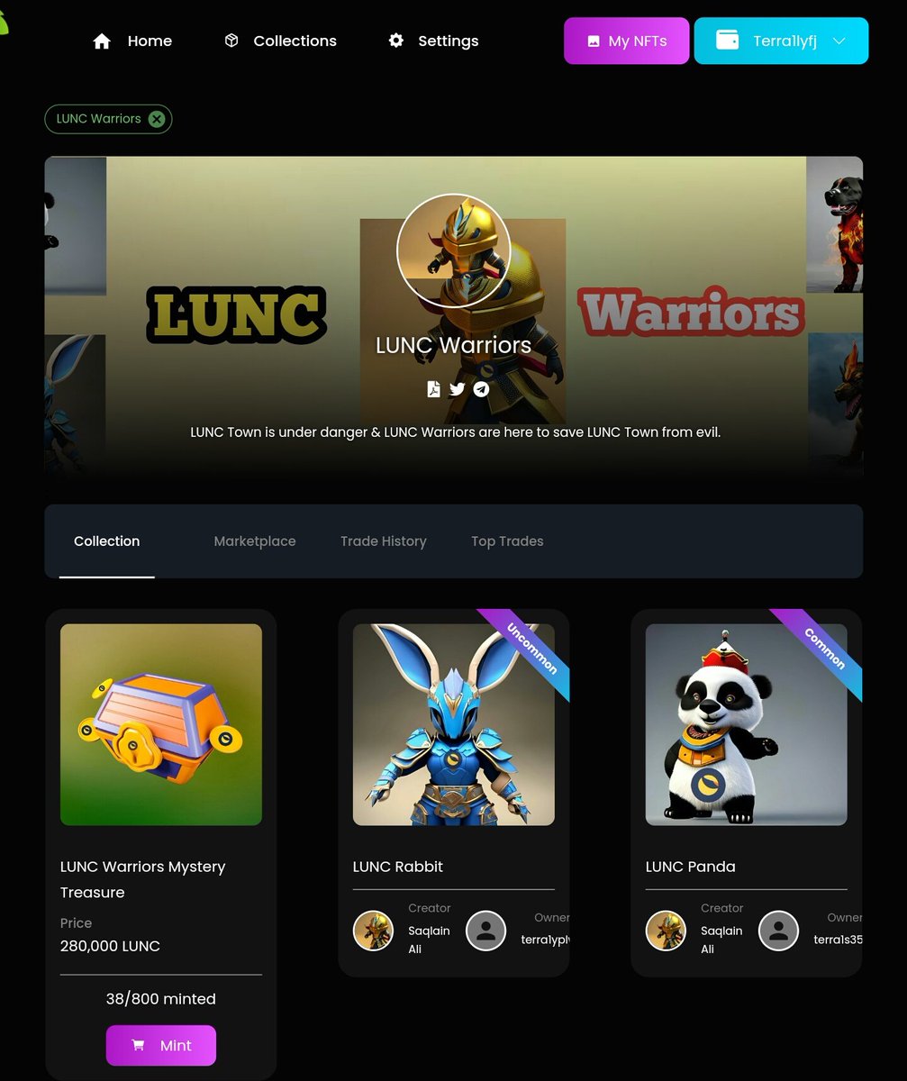 SaqlainAli888's tweet image. 1 week ago #LUNC Warriors 48 NFTs were minted &amp;amp; still 38 no new mint yet if you still didn't Minted yours just mint them &amp;amp; support utilities

You can mint them here miata.io/creators/10/co… lots of utilities coming with these gem

RT to spread

#LuncArmy #LUNCcommunity #LUNA #USTC