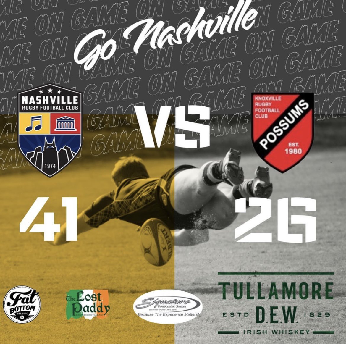A big win on a gorgeous Saturday afternoon in Knoxville!

Nashville walks away with a 41-26 victory on the road.

Special shout-out to our wingers with a brace each: Jontey and Dalton! 

#NashvilleRugby #Rugby
