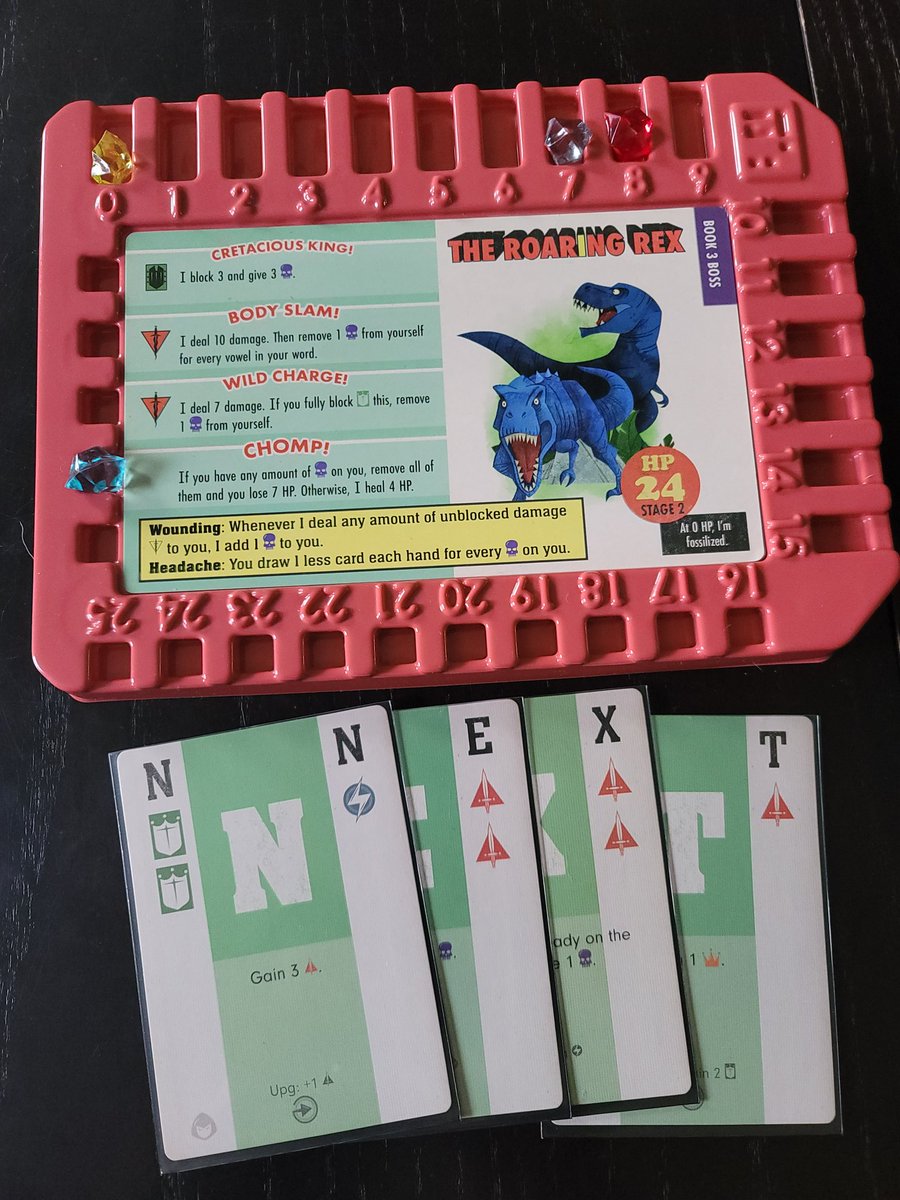 Inspired by <a href="/NoPunIncluded/">No Pun Included</a>, I Played Paperback Adventures. Just as Efka said in the review, I saw the T-Rex and thought there's no way. But Damsel waved it off with a dismissive "Next!" 

My favorite moment was when I beat the Drowsy Giant. Literally.
  boardgamegeek.com/boardgame/3384…