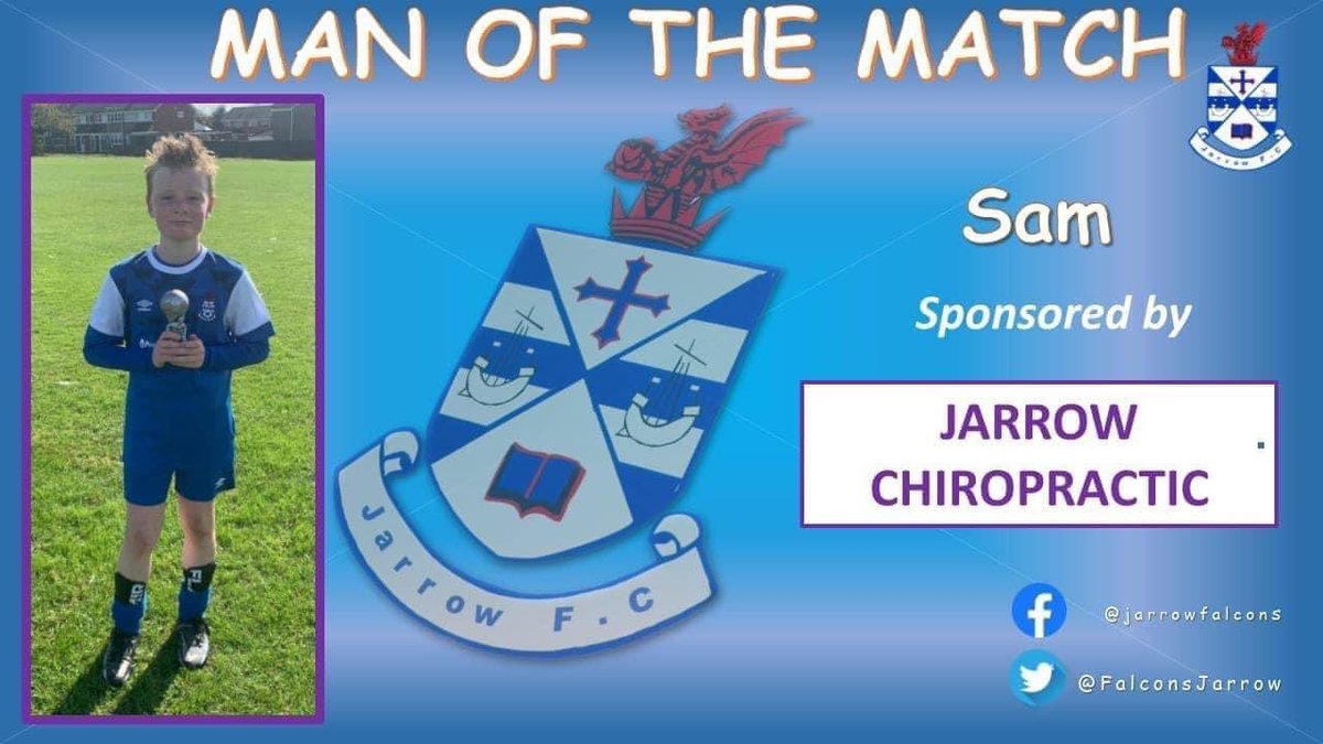 FalconsJarrow's tweet photo. Well done to Sam, who was our Man of the Match today. A great battling display in the middle of the pitch &amp; always helping to drive the team forward in the second half👍🏻⚽️

Player sponsored by Jarrow Chiropractic

Team sponsored by
A&amp;J Power Services 
Top Marks Ltd.

Jarrow FC https://t.co/JMvfAeMV0L