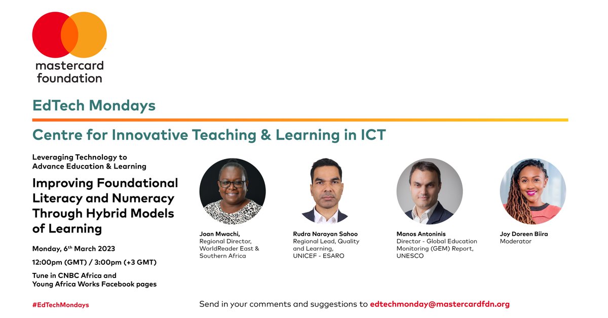 JoyDoreenBiira's tweet image. The conversation on, &quot;Improving Foundational Literacy and Numeracy Through Hybrid Models of Learning&quot;, is one I suggest you set a reminder for. 

Join us on #EdTechMonday at 3:00PM (+3 GMT) 12:00PM GMT on CNBC Africa (DStv 410) and the Young Africa Works Facebook page. 
#FLN