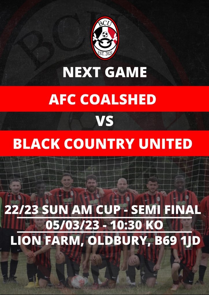 This Sunday, we play in Semi Final of the Sunday Amateur Cup, Away against AFC Coalshed.

An unfamiliar opposition again playing in the Warley Sunday league usually.

A spot in the final up for grabs. 
Let’s go lads!
🔴⚪️