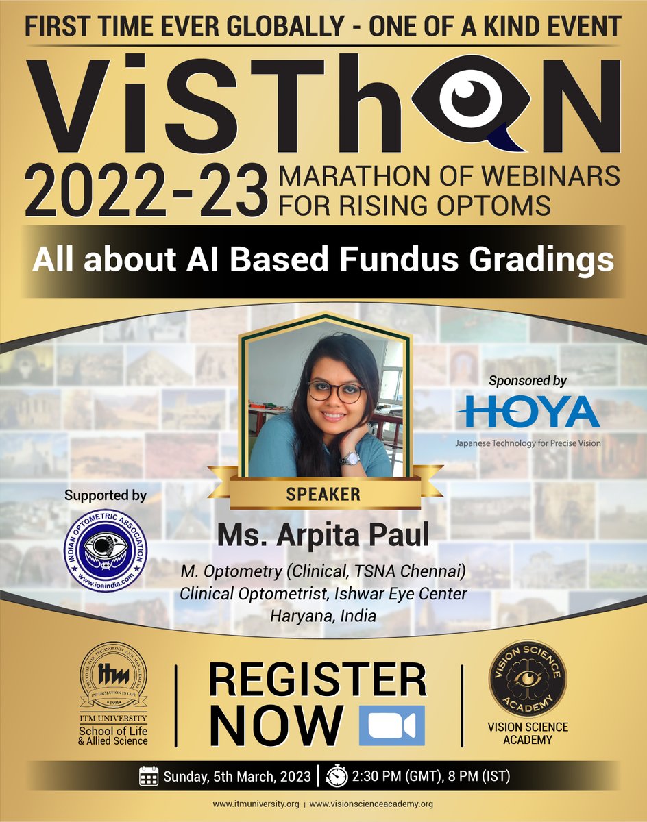 science_vision's tweet photo. ViSThON 2022-23 | WEBINAR 44 | Ms. Arpita Paul
TOPIC: All About AI Based Fundus Gradings
REGISTER HERE โถ๏ธ https://t.co/SjutIMIqyb
#eyehealth #optometry #ophthalmology #eyecare #visionscience #fundus #gradings #artificialintelligence #patient #webinarseries #webinar #visthon #science #optometrists #eyedoctors #knowledge #itmuniversity #visionscienceacademy