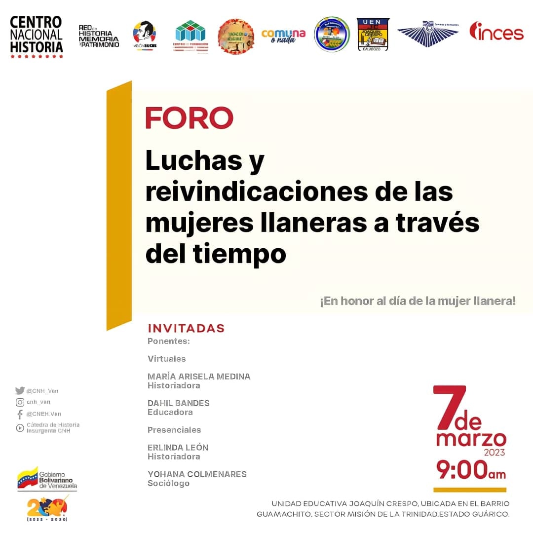 El próximo martes 7 de marzo se realizará un foro en honor a las mujeres llaneras, desde el sector Misión de la Trinidad, estado Guárico.

#ChávezInfinito