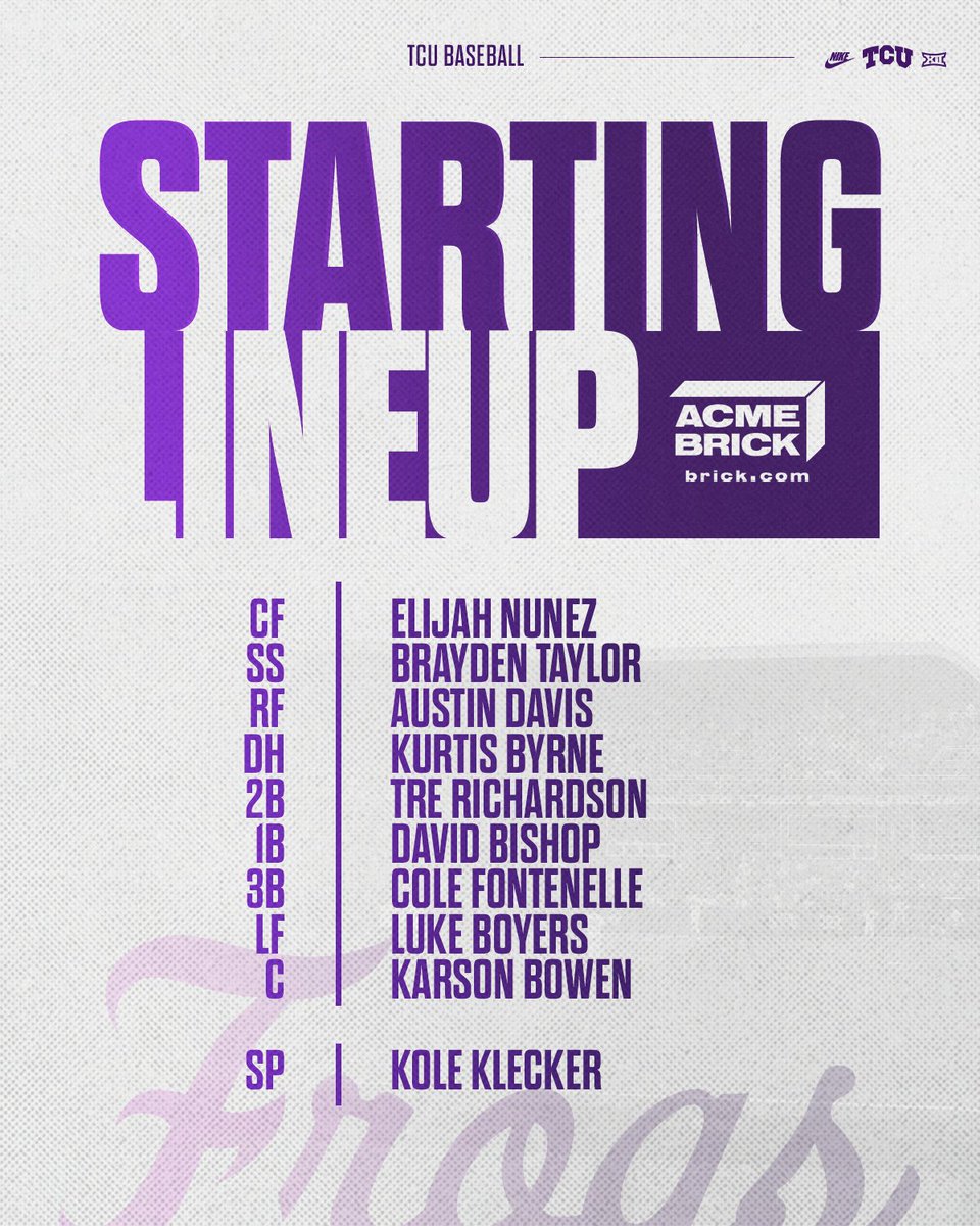 TCU Baseball (@tcu_baseball) on Twitter photo Kole Klecker gets his first career start on the mound. First pitch coming up soon.
#FrogballUSA | #GoFrogs Kole Klecker gets his first career start on the mound. First pitch coming up soon.
#FrogballUSA | #GoFrogs