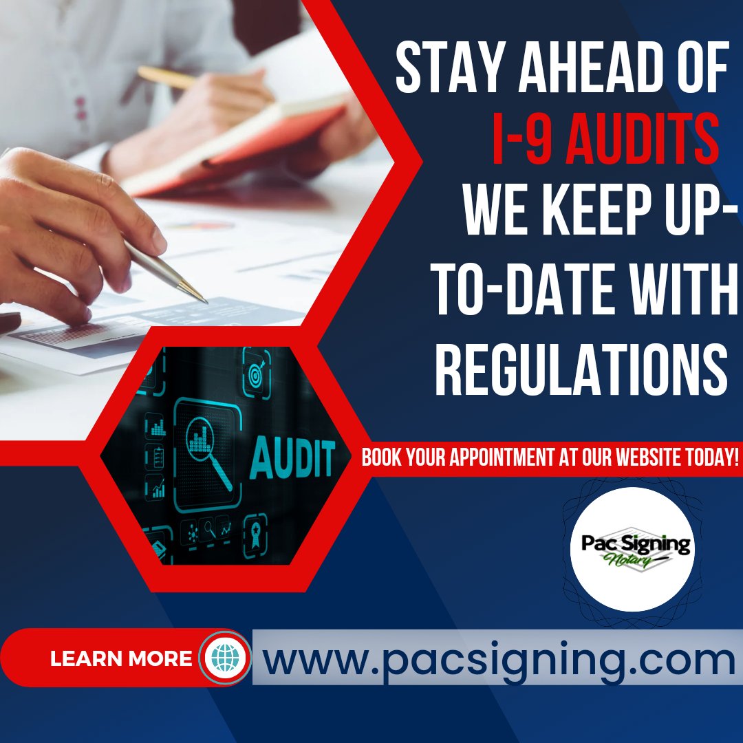 Trust our experienced team to provide accurate & efficient I9 Audit services.
Book your appointment here,
Call 503-212-0678 
Visit pacsigning.com
#i9audit #19companyverification #i9verification #i9notary #employeverification #i9authorizedrepresentative #Banks #Hillsboro