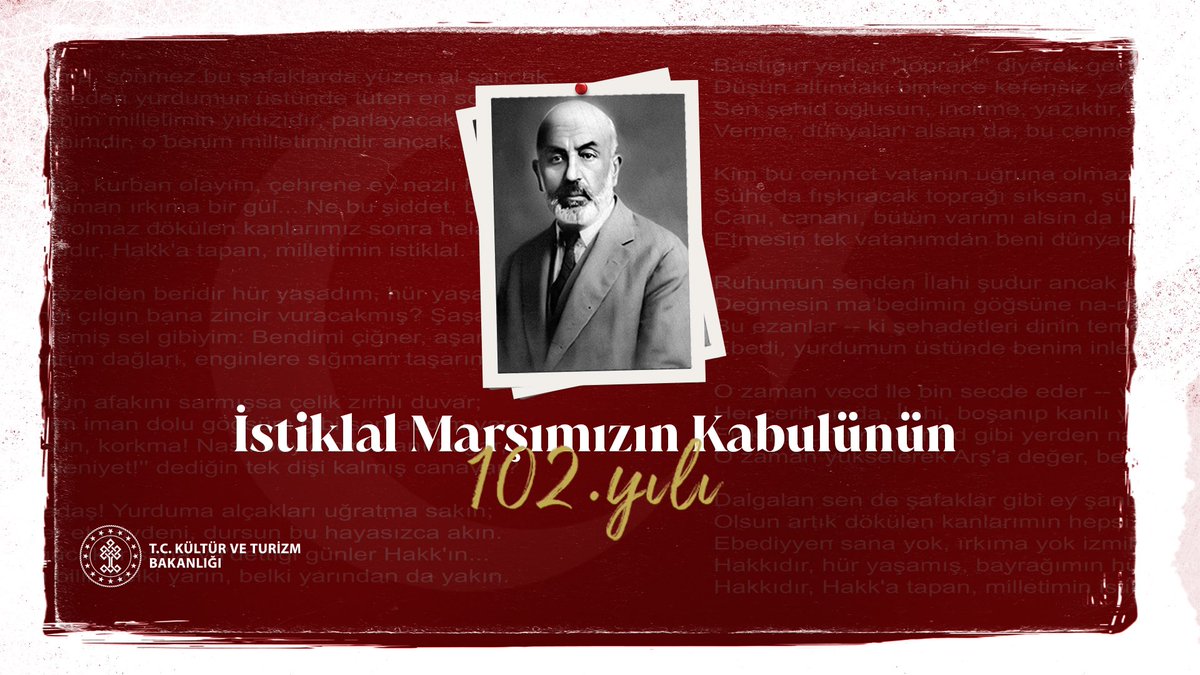 İstiklal Marşımızın kabulünün 102. yılında Millî Şairimiz #MehmetAkifErsoy’u ve Kurtuluş Savaşı’nda destan yazan tüm kahramanlarımızı rahmetle ve saygıyla anıyoruz.

#İstiklalMarşınınKabulü