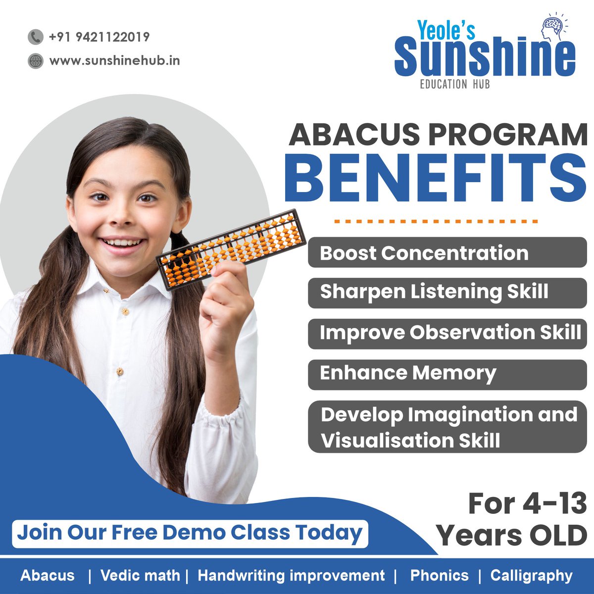 jayesh0801's tweet image. ABACUS PROGRAM BENEFITS

Join Our Free Demo Class Today.

#sunshineeducationhub
#sunshineeduhub
#Abacus
#BrainTraining
#AbacusEducation
#AbacusTraining
#AbacusChampion
#VedicMath
#MathForKids
#VedicMathematics
#MathEducation
#MathTraining
#HandwritingImprovement