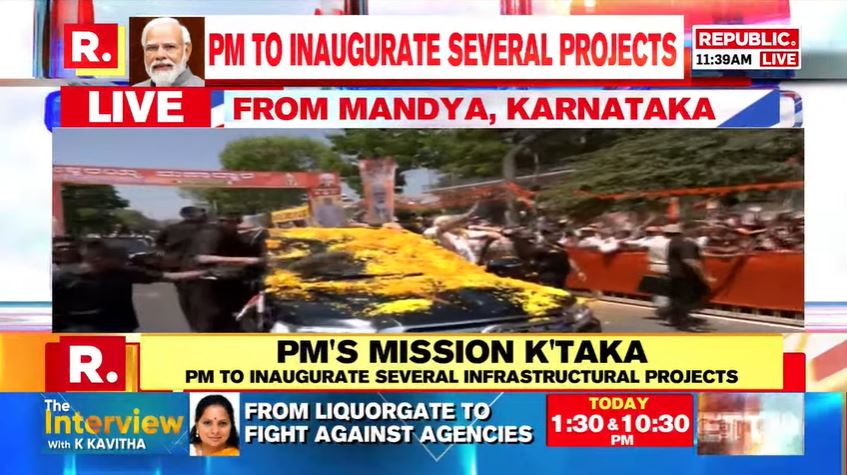 republic's tweet photo. #BREAKING | PM Modi holds mega roadshow in poll-bound Karnataka, where he is set to inaugurate the Bengaluru-Mysuru highway.

Tune in - https://t.co/ge3J2OW61a https://t.co/oufPLOfEzA