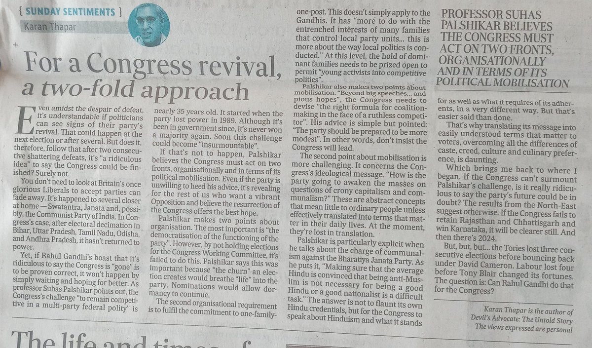 PraveenDavar's tweet photo. Sensible @KaranThapar_TTP. Many of us wanted an elected CWC. But that's an internal matter with no effect on 2024.What is crucial now is 100% unity of
#SecularForces. INC n others will have to sacrifice many seats each. Not difficult, involve #SecularForum. https://t.co/RnUD49IaeN
