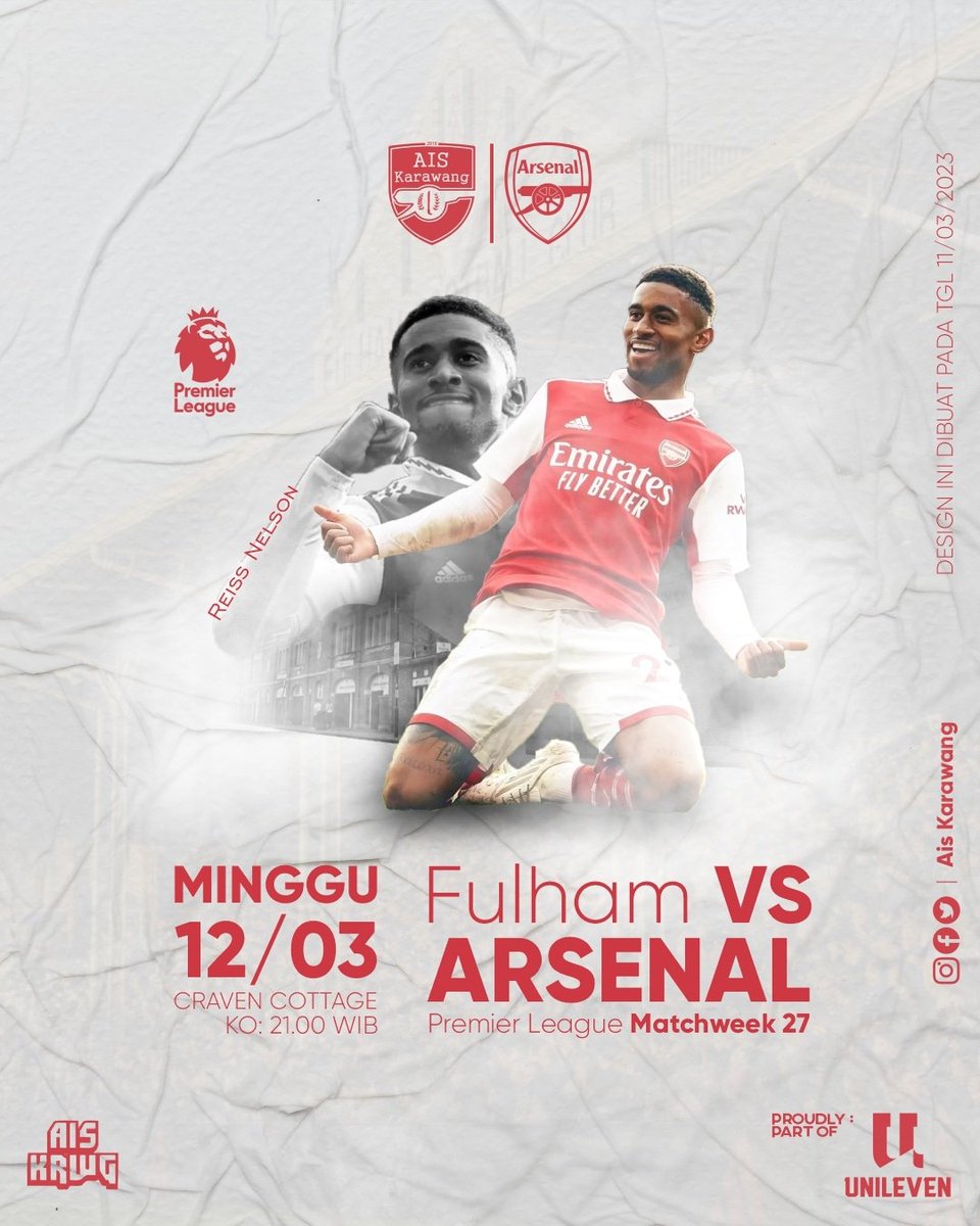 IT'S MATCHDAY!

Premier League #MATCHWEEK27
⚽️ Fulham VS ARSENAL
🗓 Minggu, 12 Maret 2023
🕧 21:00 WIB

Klik link di bio untuk tanya semua event @ais_krwg

COYG!🔥
#aiskrwg #arsenal #indonesia #supporter #karawang