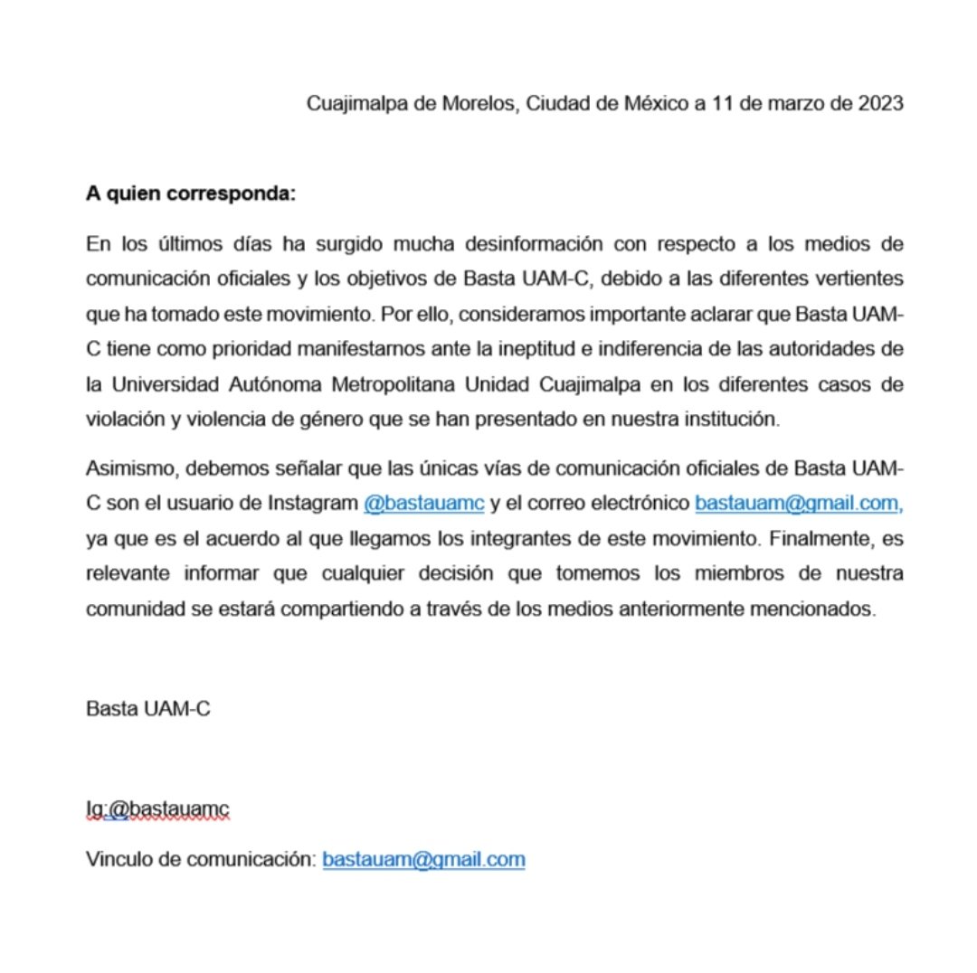BastaUAMC's tweet photo. BastaUAMC es la ÚNICA fuente oficial. Tengan cuidado al compartir información errónea o que no coincida con los comunicados emitidos por esta cuenta.

#lauamcnomecuida
#mecuidanmisamigas
#uamcencubridores
#rompeelsilenciouamc
#unaunidadsinagresores
#yanoestiempodecallar https://t.co/FJASA4Sf9R