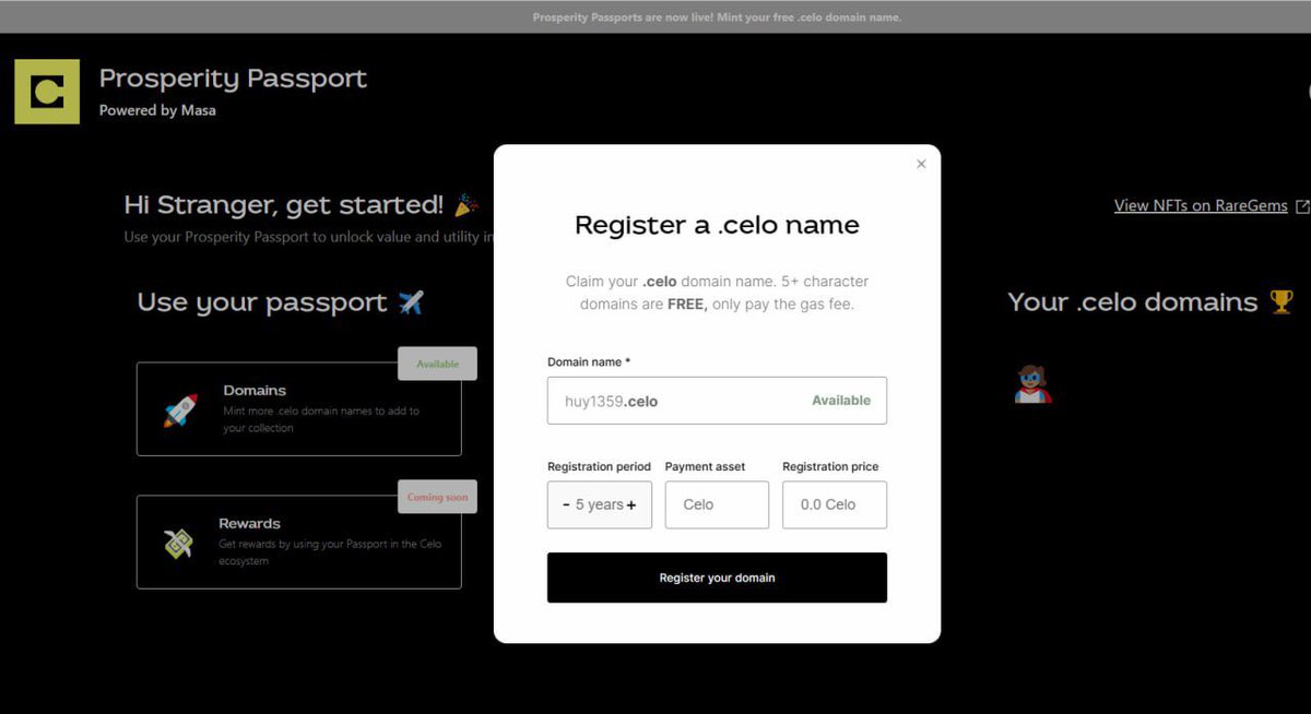 Hướng dẫn đăng kí Mint tên miền Celo

- Truy cập: app.prosperity.global/dashboard

- Kết nối ví Metamask và chọn mục "Domain"

- Chọn tên miền 5 chữ trở lên sẽ được free

- Retweet + thả tim và gửi địa chỉ ví tối nay mình gửi gas $CELO cho cả Việt Nam mint nhé