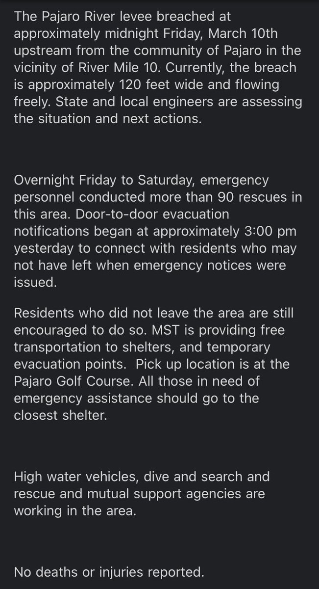Here’s the latest update from Monterey County on the Pajaro River breach. It is 120 feet wide and flowing freely. More than 90 rescues have been conducted. No injuries or deaths reported.