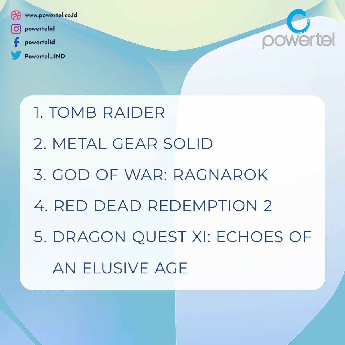 Powertel_IND's tweet photo. 5 Video Game yang Cocok Jadi Film Seri, Kamu Banget Nih!
#infogame #videogame #videogames #gamefilm #gamefilms #gameonline #gamedigital #mabar #mainbareng #maingamebareng #maingameonline #duniagaming #duniagame #duniagames #gaming #powertelid https://t.co/JjB7B3QRik