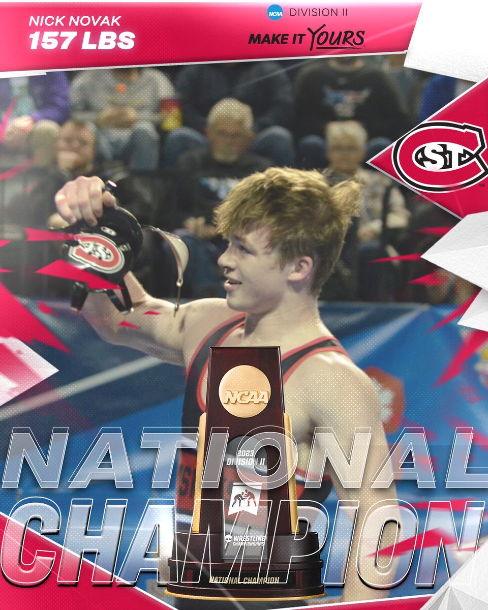 NCAADII's tweet photo. AN UNDEFEATED SEASON FOR NICK NOVAK!

Novak of St. Cloud State is a national champion at 157 lbs!

#D2Wrestle | #MakeItYours https://t.co/H6IhNPBSVH