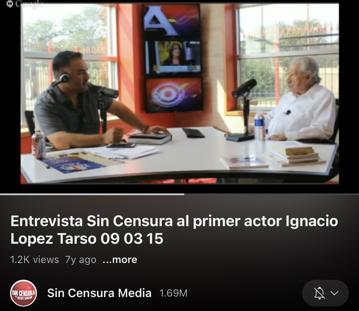 _VicenteSerrano's tweet photo. Conocí a Ignacio López Tarso en Chicago. Lo invité al estudio de Sin Censura durante una visita a la Feria del Libro. 

Me compartió sus historias sobre Navojoa, Sonora en donde vivió en su juventud. 

A pesar de que discrepamos cuando hablamos de política, siempre fue generoso. https://t.co/0ss1bBGKA6
