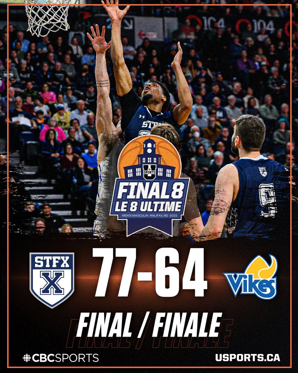 🏀 MBB: <a href="/StFXAthletics/">StFX Athletics</a> take down the <a href="/uvicvikes/">UVic Vikes</a> 77-64 and advance to the final.

🏀 BBM: <a href="/StFXAthletics/">StFX Athletics</a> battent les <a href="/uvicvikes/">UVic Vikes</a> 77-64 et avance au finale.

#ChaseTheGlory | #ViserHaut