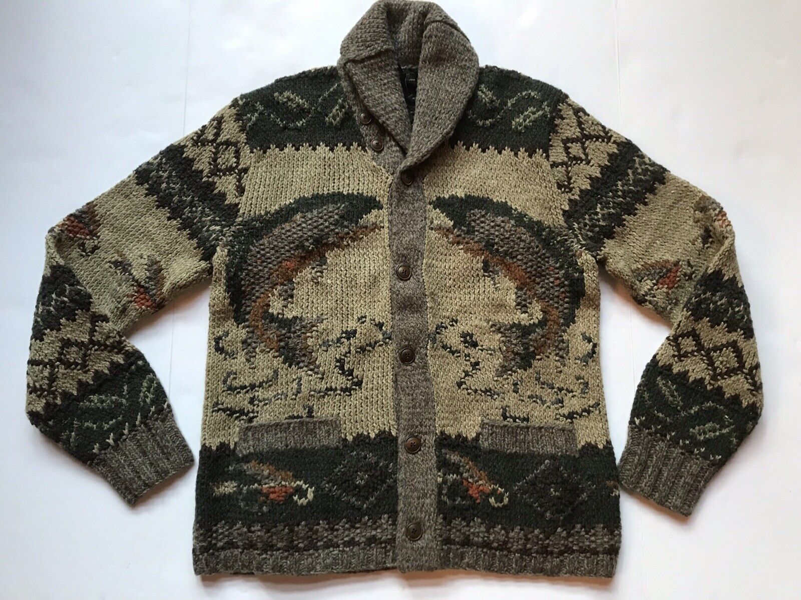 derek guy on X: fishing-themed clothes I've seen on  1. Vintage Orvis  sweater 2. Vintage Ideal jackets 3. Handknit RRL shawl collar cardigan 4.  Russell Mocassin fishing oxfords (pls note, these