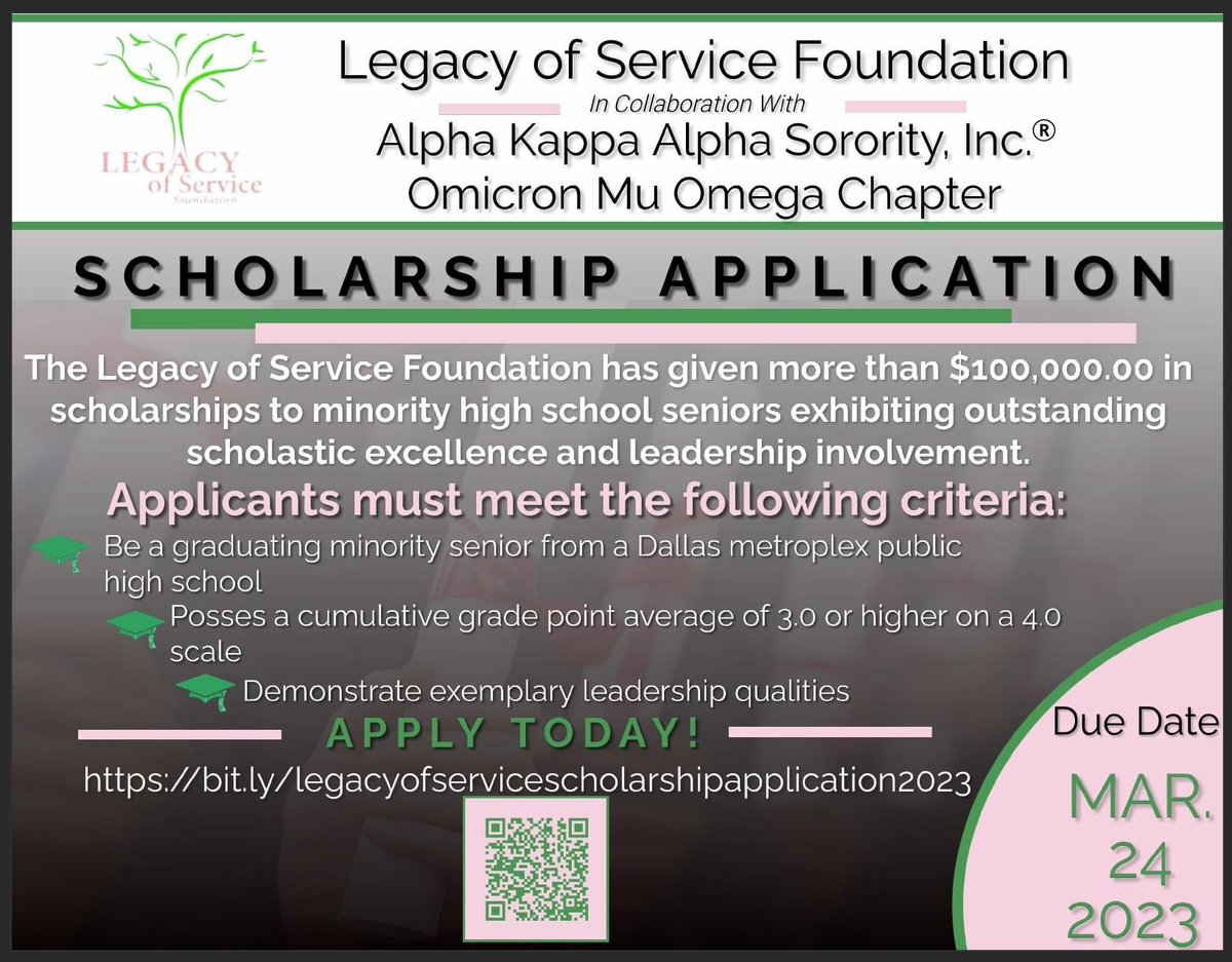 TreecaC's tweet image. 🚨Scholarship Alert🚨Dallas metroplex area high school seniors are invited to apply for my graduate chapter’s Legacy of Service Foundation Scholarship. 

See the flyer below and apply at the link here: bit.ly/legacyofservic…