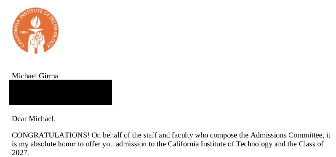 Congratulations to Michael Girma (AddisCoder 2018) for his admission to the Caltech Class of 2027!