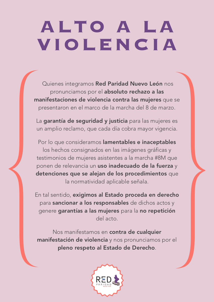 #RedPARIDADNL se pronuncia contra la VIOLENCIA <a href="/RebecaClouthier/">Rebeca Clouthier</a> <a href="/elisaestradat/">Elisa Estrada</a> <a href="/anaschwarz/">Ana Schwarz</a> <a href="/MarthaHerreraNL/">Martha Herrera</a> <a href="/Marielasvmx/">Mariela Saldívar Villalobos</a> <a href="/LauraPaulaNL/">Laura Paula López</a> <a href="/MYRGARCIA/">Dra. Myrna Elia García Barrera</a> <a href="/JosefinaVGzz/">Josefina Villarreal</a> <a href="/claraluzflores/">Clara Luz Flores</a> <a href="/SandraPmanes1/">Sandra Pámanes</a> <a href="/Fanny_Arellanes/">Fanny Arellanes</a>
